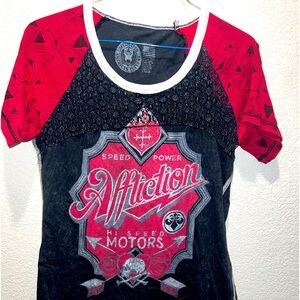 Size M Red/Black Affliction TShirt, see through shoulders - like new